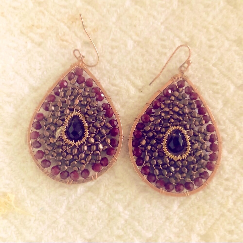 Teardrop, hand beaded earrings, 1.5 inch tear,